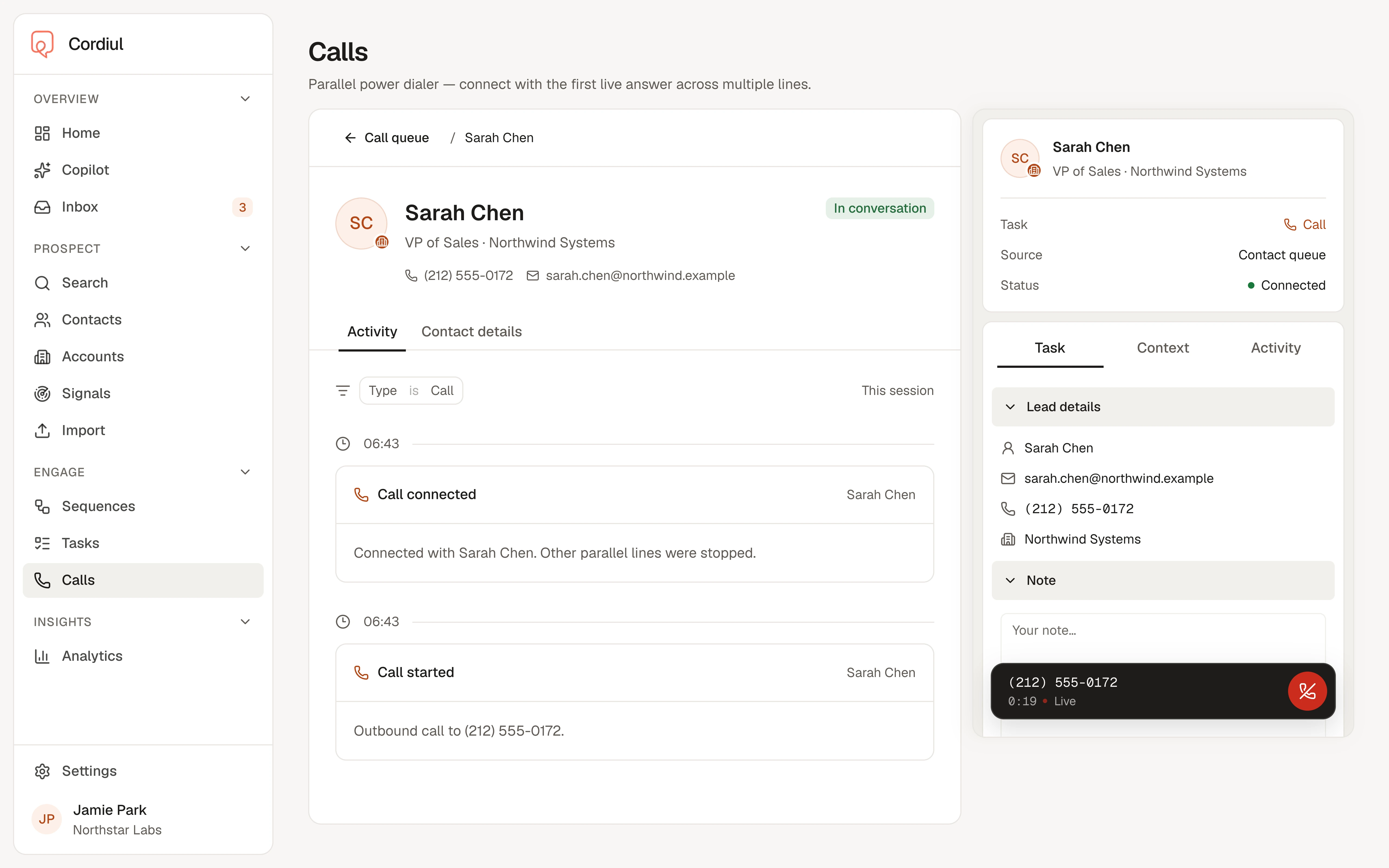 The dial session connected live to Sarah Chen at Northwind Systems: her activity notes the other lines were stopped, and the call panel shows a running call timer.