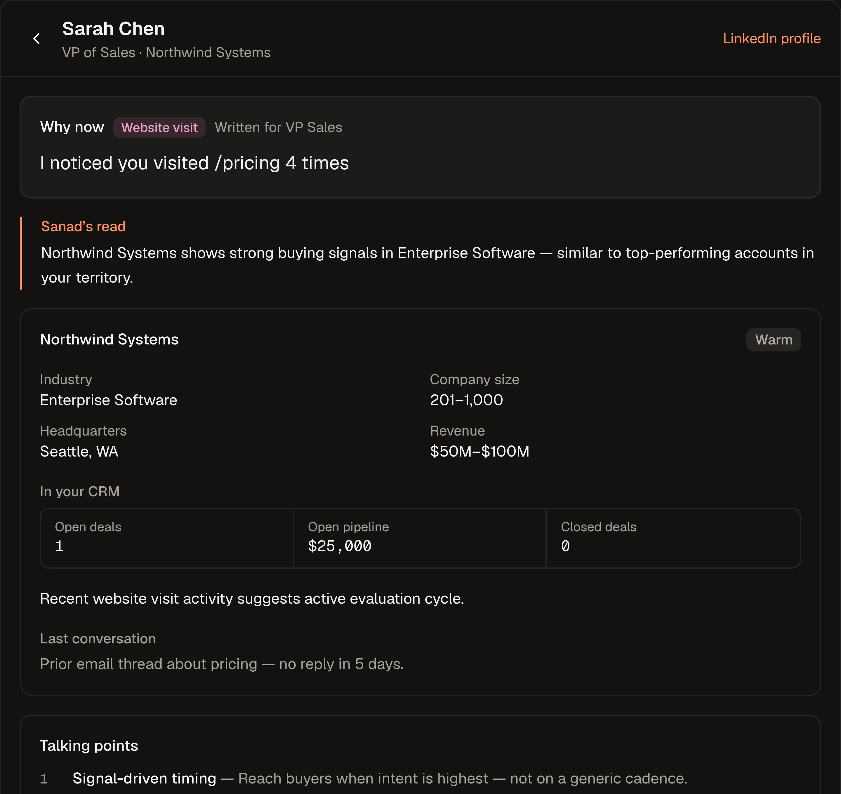 Sanad research for Sarah Chen at Northwind Systems: why now (four pricing-page visits), Sanad’s read on the account, company facts, one open deal worth $25,000 in the CRM, the last conversation and the talking points used.
