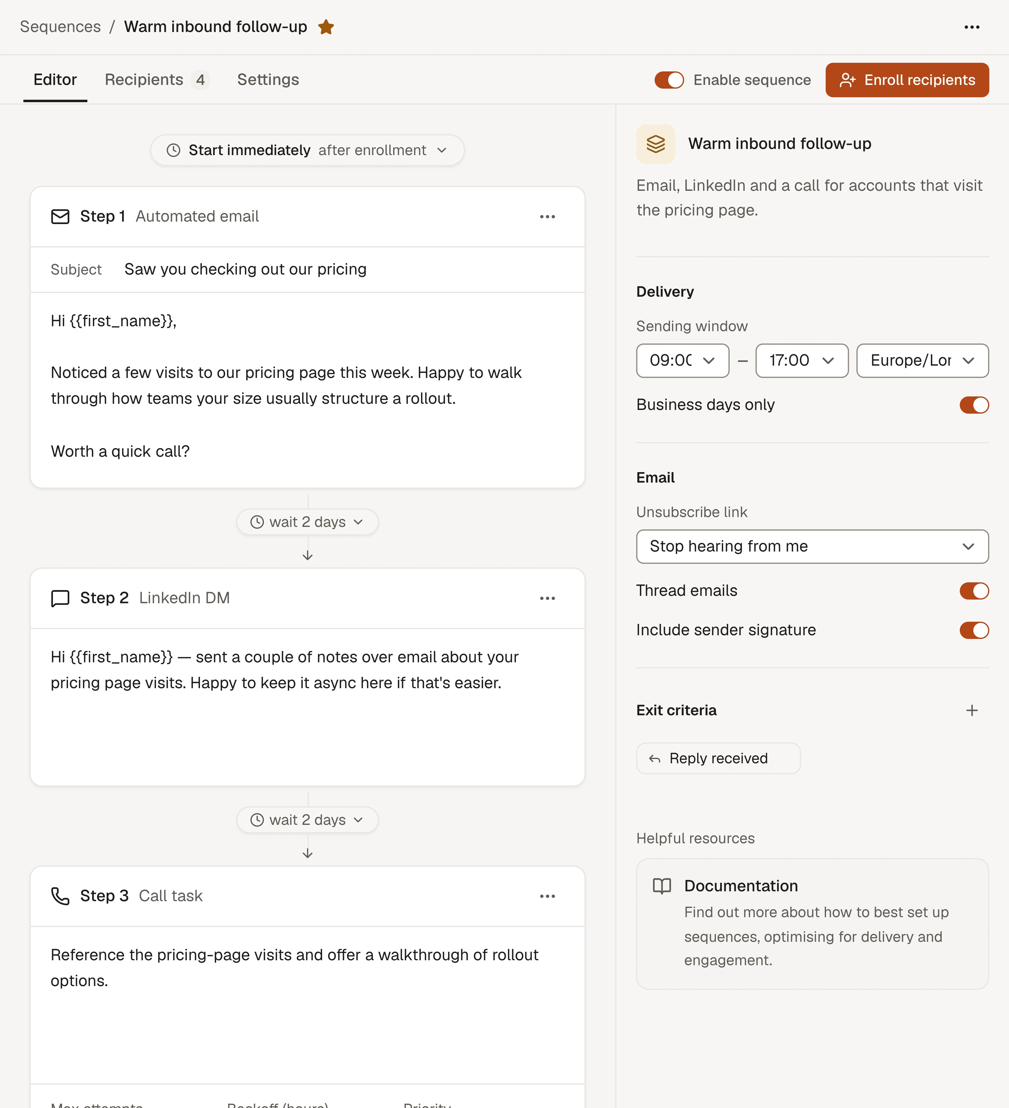 The Cordiul sequence editor for a pricing-page follow-up: an email, a LinkedIn message two days later and a call task two days after that, with sending-window settings and a reply-received exit rule.
